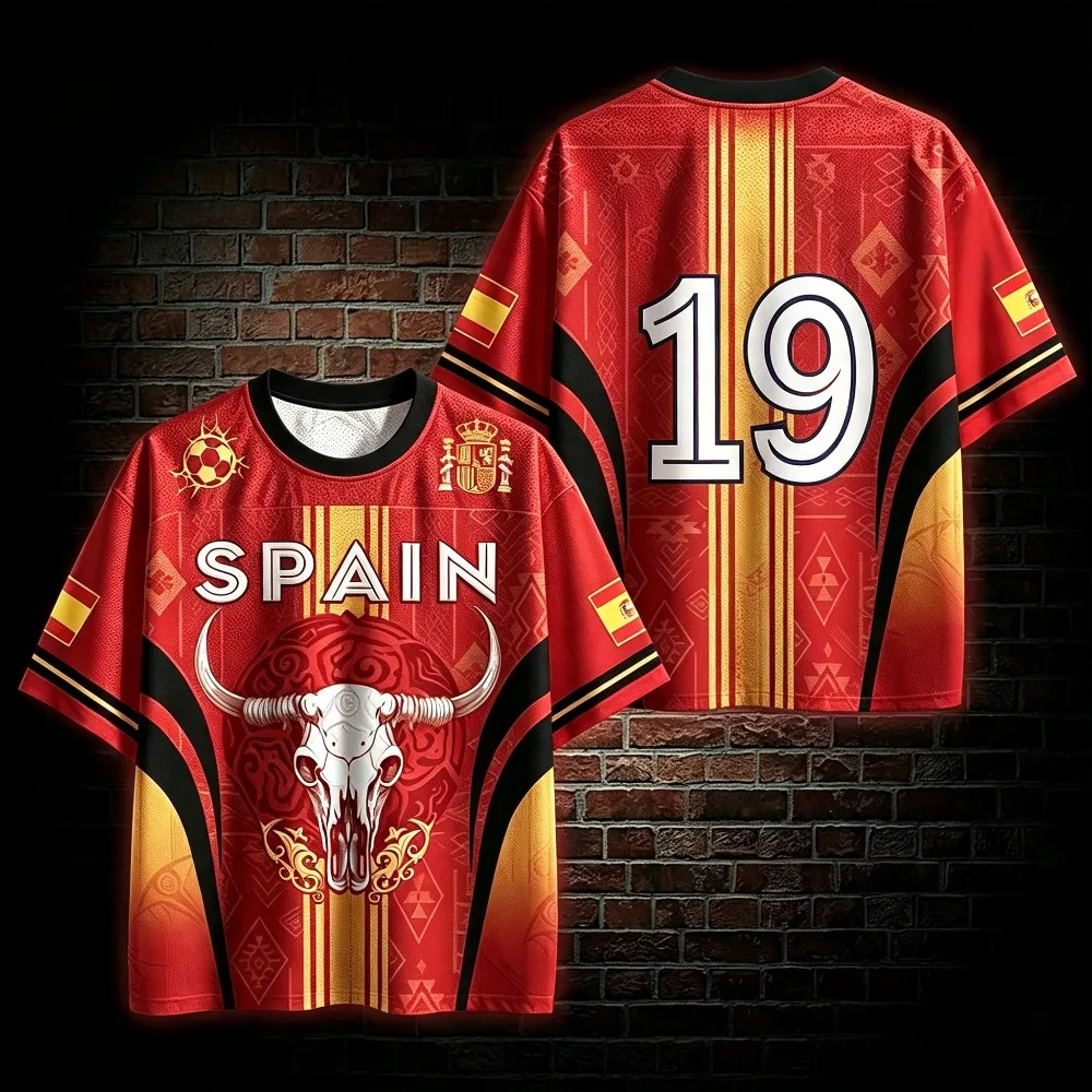 Short Sleeve Spain Soccer Jersey Bull Skull Football T-shirt Breathable Quick Dry Sports Tee Unisex Fan Training