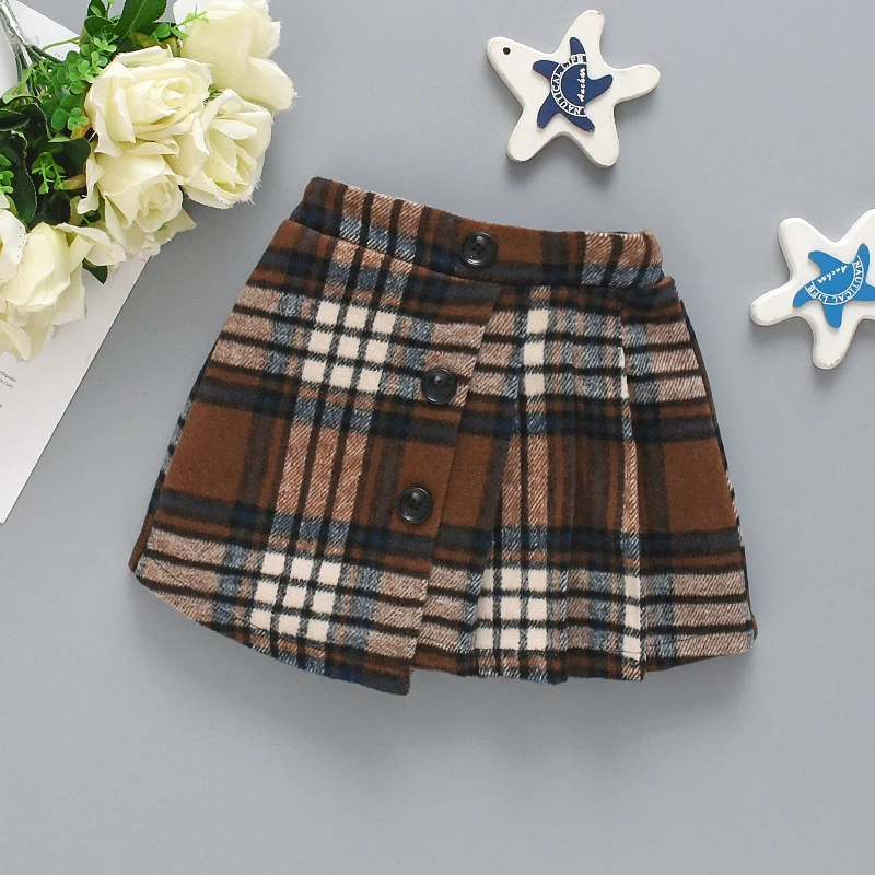 Spring And Autumn Style Girls\' British Style Woolen Plaid Skirt With Irregular Patchwork Pleated Skirt