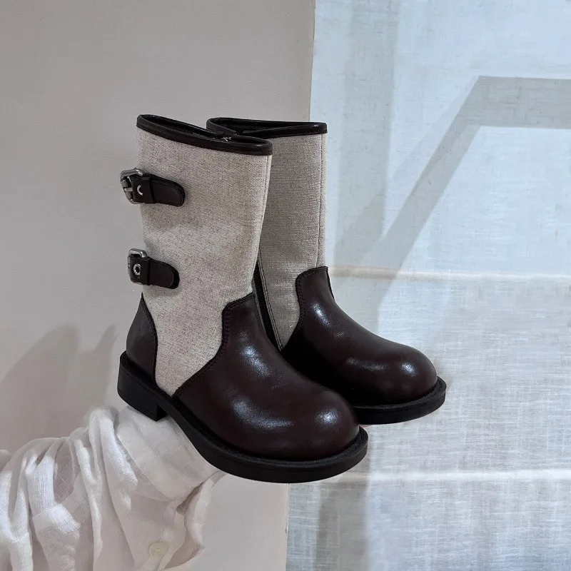 Toddler Girls Mid-calf Boots Autumn Winter Patchwork Children Long Boots Non-slip School Side Zipper Kids High Boots Black Brown