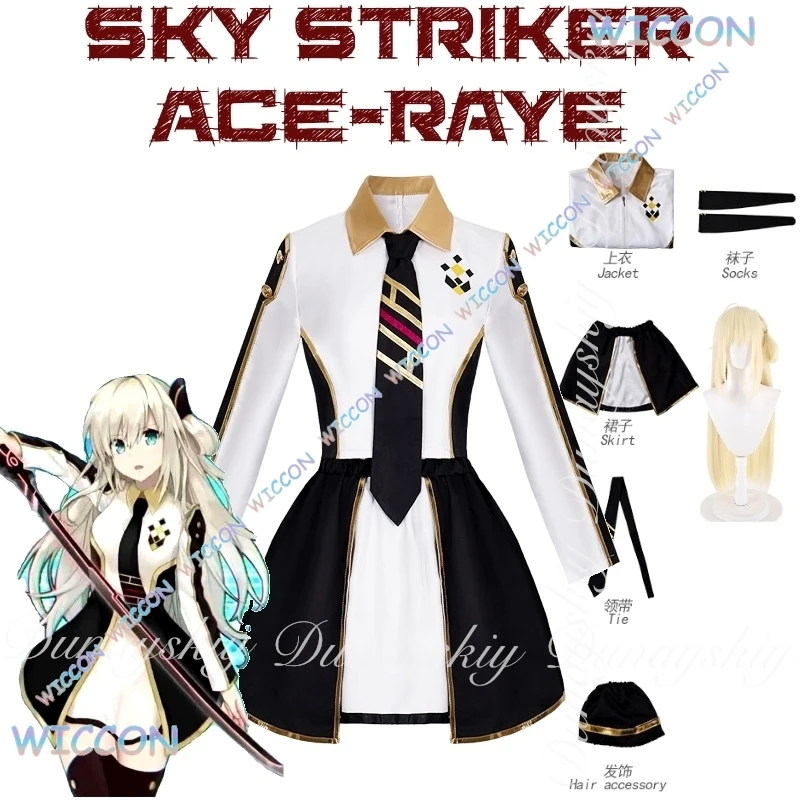 بطاقة لعبة السماء المهاجم Ace-Raye تأثيري مع سكين طويل الدعائم البلاتين شعر مستعار أسود أبيض فستان تأثيري حلي