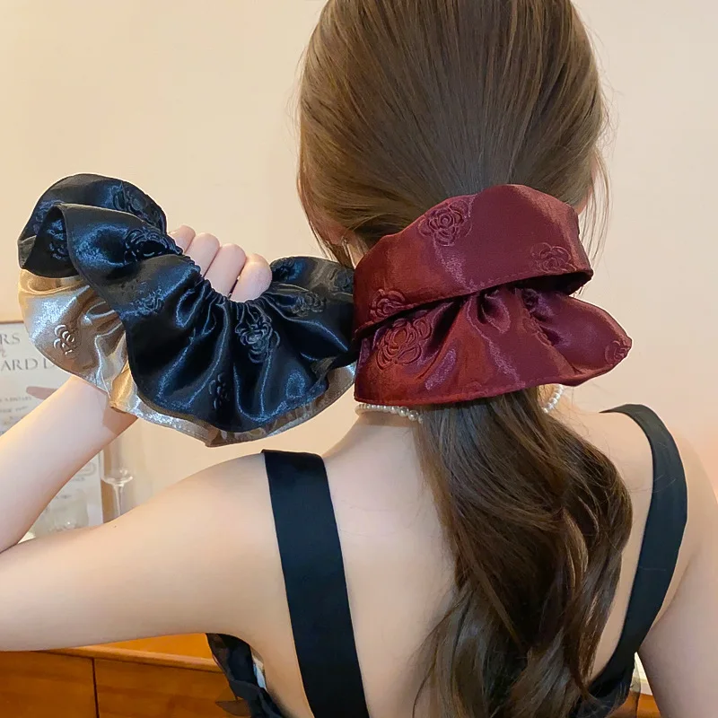 Runde Haargummis aus Stoff, Satin, kubisch geprägt, für Damen, einfarbig, Rüschen, große Haargummis, elegantes Vintage-Haarband-Zubehör