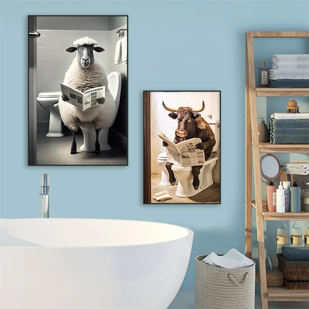 Chimpanzee Sitting On Toilet Reading Newspaper Poster Funny Bathroom Animal Humor Print Pomeranian Canvas Painting Toilet Decor