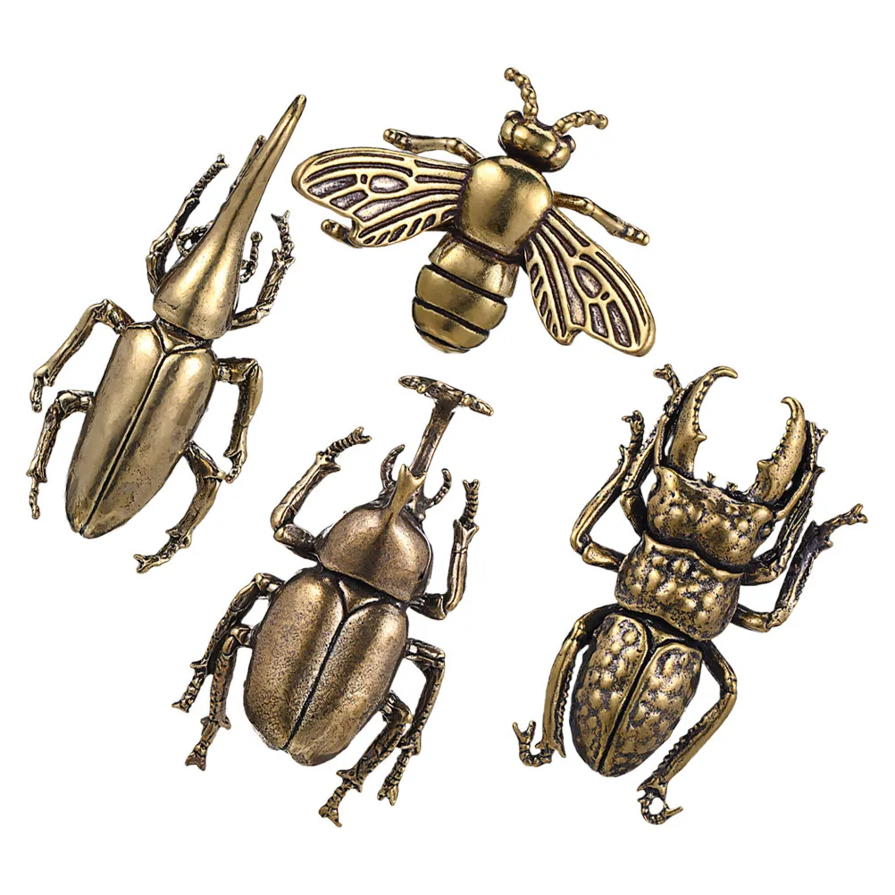4Pcs Vintage Brass Bee and Beetle Decor Retro Insect Sculpture Set for Study Room Mantel Table Home Office Decor Metal Insect