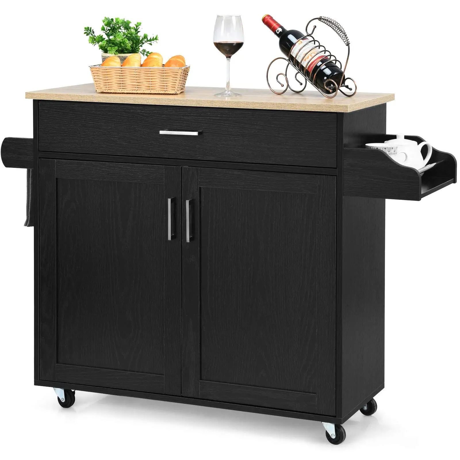 Kitchen Island on Wheels, Rolling Storage Trolley with Large Cabinet, Drawer, Adjustable Shelf, Wood Worktop, Spice &