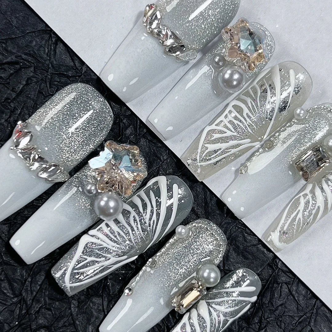 Emmabeauty Ice Snow Fantasy Butterfly Hand Painted Removable Reusable High Quality Handmade Press On Nails.No.E360