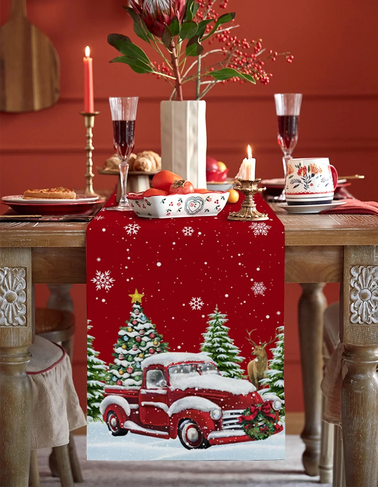 Christmas Red Truck Snowflakes Linen Table Runners Dresser Scarves Table Decor Winter Dining Table Runners Christmas Decorations