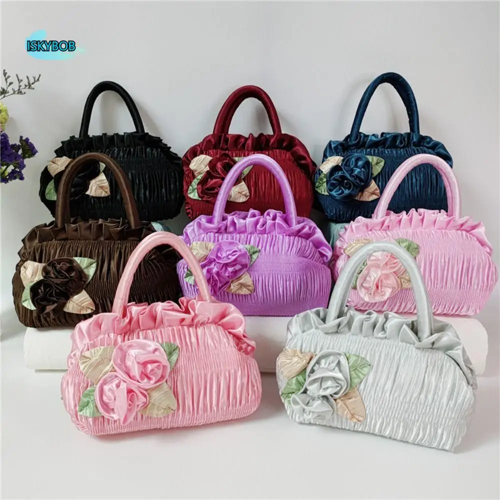 

Leaf Hanfu Rose Flower Handbag Satin Silk Ruffle Zipper Flower Tote Bag Bubble Storage Bag Ethnic Style Wrist Bag Shopping
