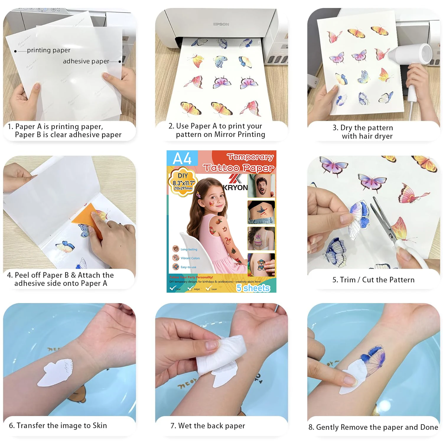 Temporary Tattoo Paper for INKJET/Laser Printer, Tattoo Sticker 8.3"X11.7", DIY Personalized Clear Hydrographic transfer Paper image 5