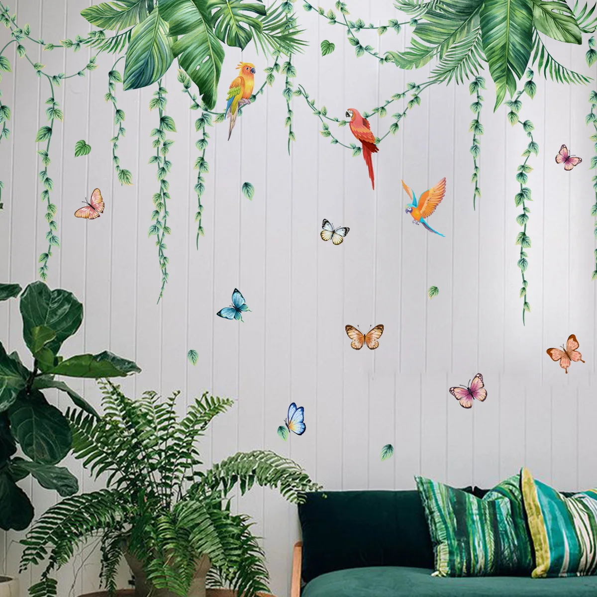 Creative green plant rattan banana leaf wall stickers Parrot butterfly living room bedroom background decoration wall stickers