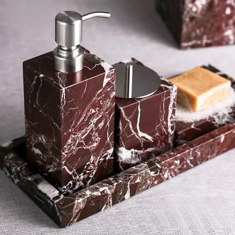 Natural Purple Red Marble Bathroom set Lotion Bottle Toothbrush Holder Cotton Swab Jar Paper Towel Box Tray Bathroom Accessories