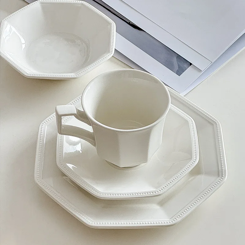 White Porcelain Pearl Point Octagonal Plate, Coffee Cup Plates Set,Western Retro Dessert Cake Plate, Ceramic Bowl Tableware Gift