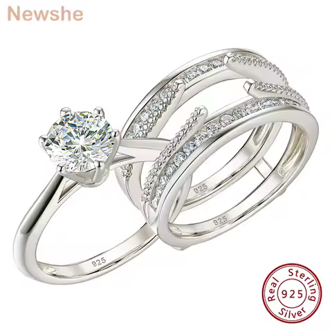 Newshe 2 Pcs Wedding Ring Set 925 Sterling Silver Solitaire Round CZ Engagement Rings for Women Luxury Jewelry