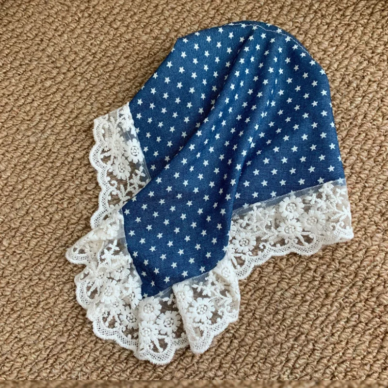 Retro Denim Star Printed Triangular Headscarf Headband Women Turban Bandana Hairbands French Lace Hair Hoop Hair