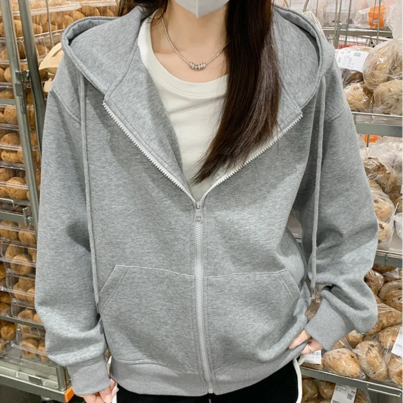 Spring Autumn Women's Casual Hooded Sweatshirt Loose Lazy Style Versatile Cardigan Coats Korean Simple Zip-Up Drawstring Hoodies