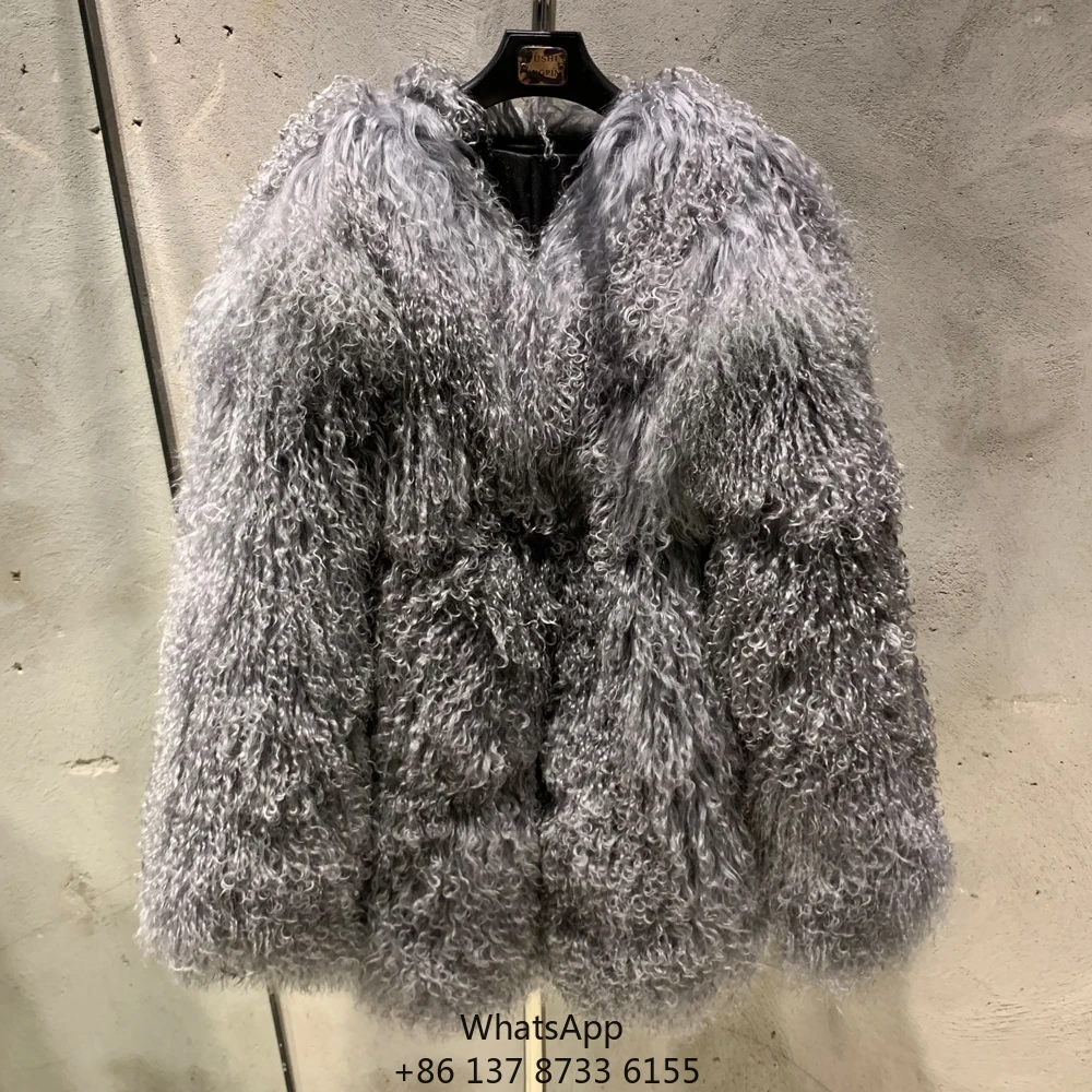 

Winter Fluffy Fur Coats Women Grey Real Sheep Fur Jackets Mongolian V-neck Fur Coat
