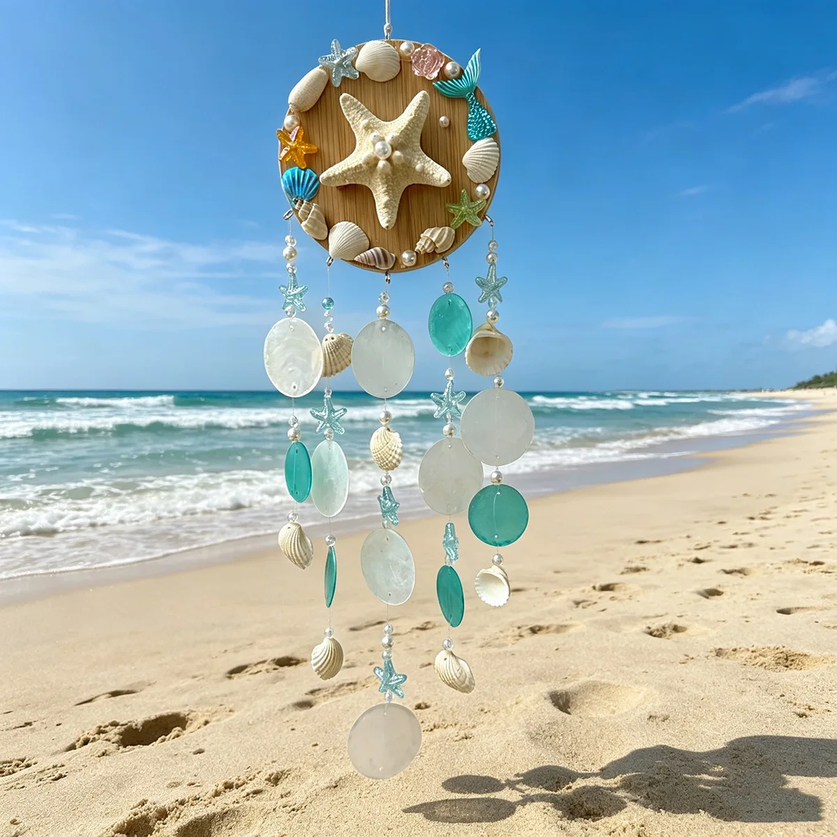 Mermaid Seashell Wind Chime, Handmade Natural Starfish & Sea Shell Pendant, Nautical Hanging Ornament, Ocean Decor Gift