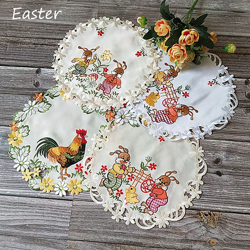 Mini round Easter chicken bunny satin embroidery table place mat cloth coaster placemat kitchen Table decoration and accessories