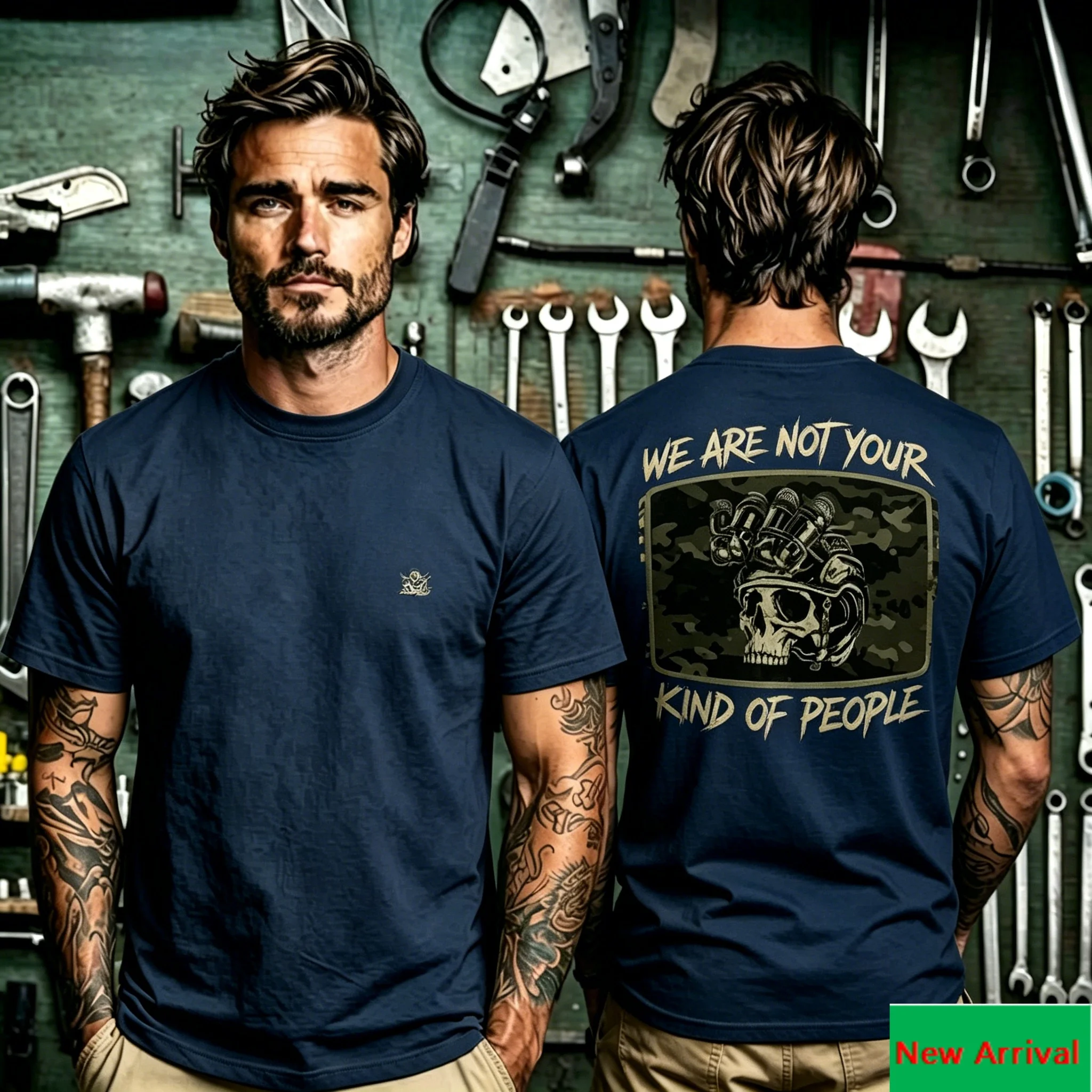 We Are Not Your Kind of People Tactical Skull Helmet Camouflage Graphic Back Print T Shirt with Front Small Badge Print