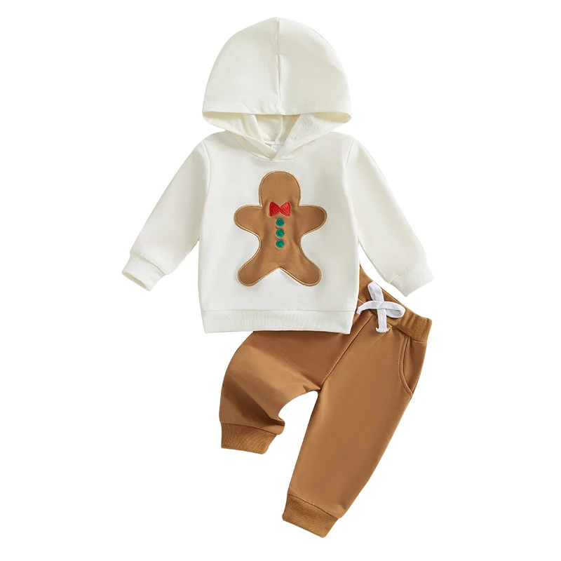 Toddler Girl Boy Christmas Outfits Gingerbread Man Pattern Long Sleeve Hoodies with Solid Color Pants Set