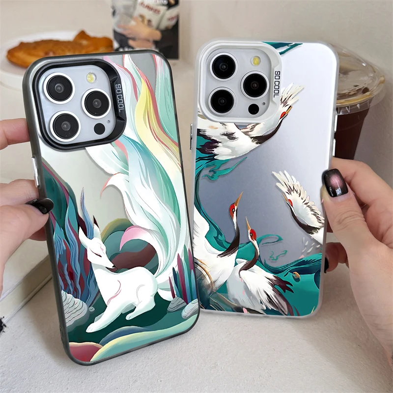 Nine Tailed Fox and Fairy Crane Case for iPhone 16 15 14 13 12 11 Pro Max XS X XR 8 7 Plus SE 2020 Plating Shockproof Back Cover