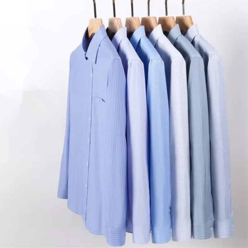 2026 Men Formal Shirt Long Sleeve Office Solid Color Striped Fashion Business Pocket Blue Social Shirt Men's Clothing 5XL