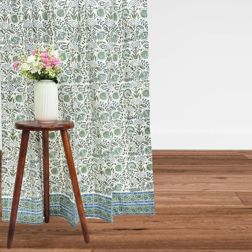 Cotton Block Print Curtains, Rod Pocket & Loop for Easy Hanging, Light Filtering, Boho Style, 60x96, Clover Blue, Set of 1