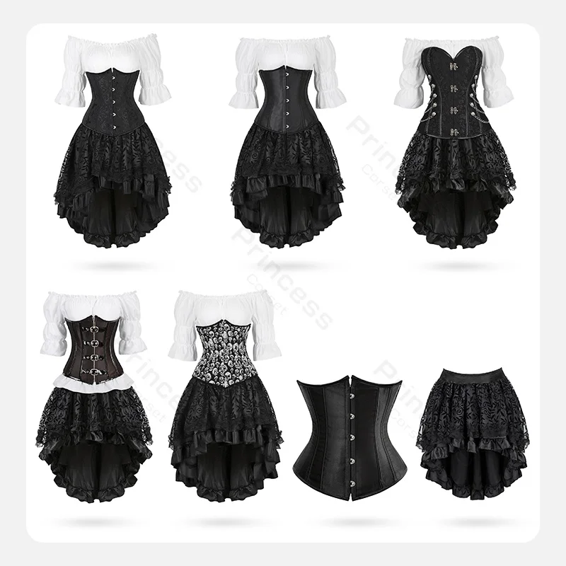 Steampunk Corset Dress Shoulder Off Gothic Corset Dresses Lace Skirt  Pirate Bustier Corsets Dresses for Women Plus Size Black