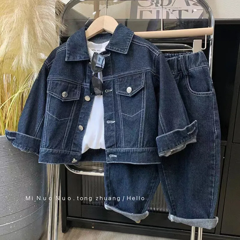 Children\'s Small And Medium-sized Children\'s Set 2024 Spring New Boys And Girls Denim Set Korean Version Solid Color 2 Pcs