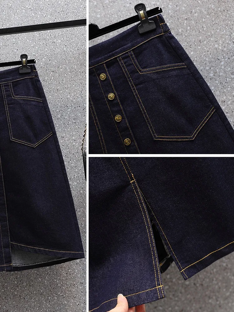 تنورة دينم مرنة باللون الأزرق الداكن بخصر عالٍ على شكل حرف A تنانير صيفية نسائية غير رسمية بخصر عالٍ مزيج من القطن العتيق #4