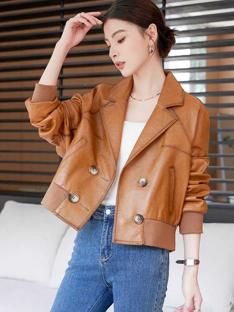 Women Vintage Genuine Leather Jacket Loose Fit Double Breasted Turndown Collar Streetwear Real Sheepskin Motorcycle Short Coat