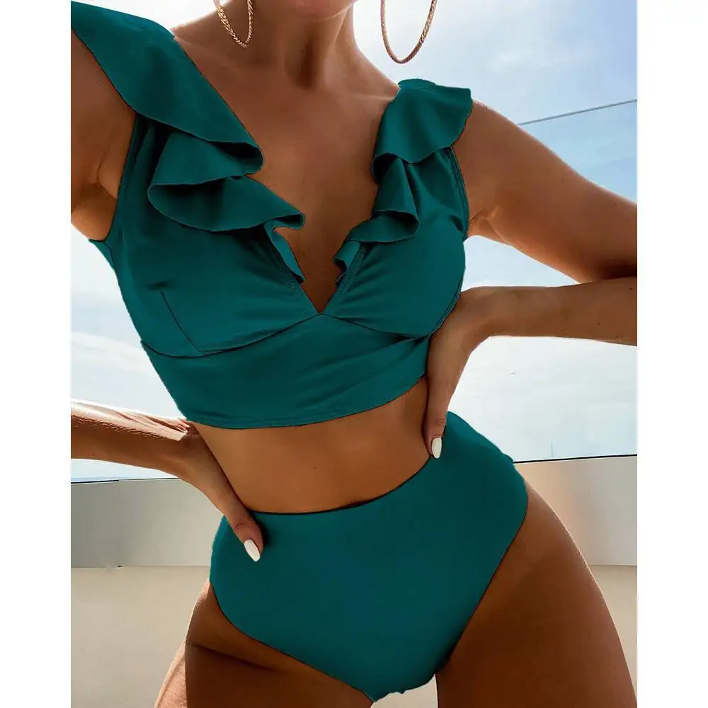 

2025 New Swimwear Collection Multi-Color Ruffled V-Neck Sexy Bikini Solid-Color High-Waisted Two-Piece Swimsuit Beach & Vacation