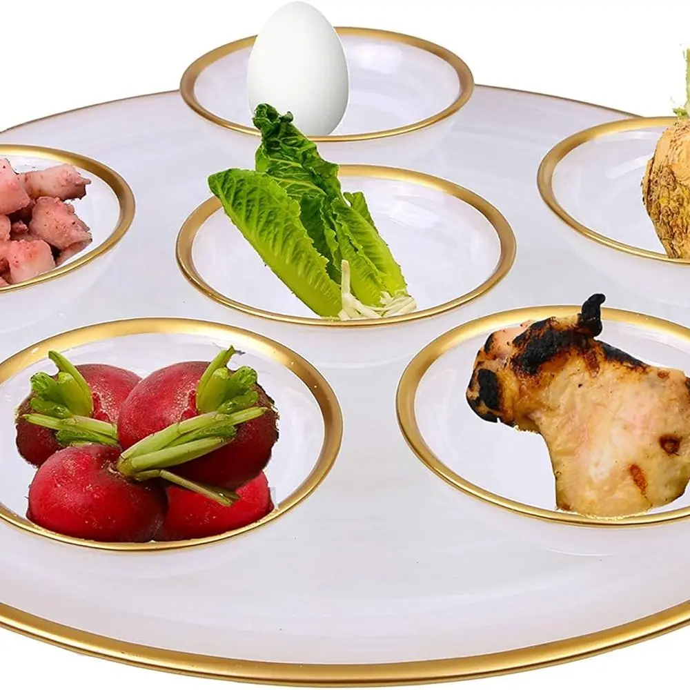 

Белая алебастровая тарелка с позолоченной оправой и 6 съемными мини-чашами, диаметр 12,75 x высота 4,25 — поднос Passover Kaarah Pesach