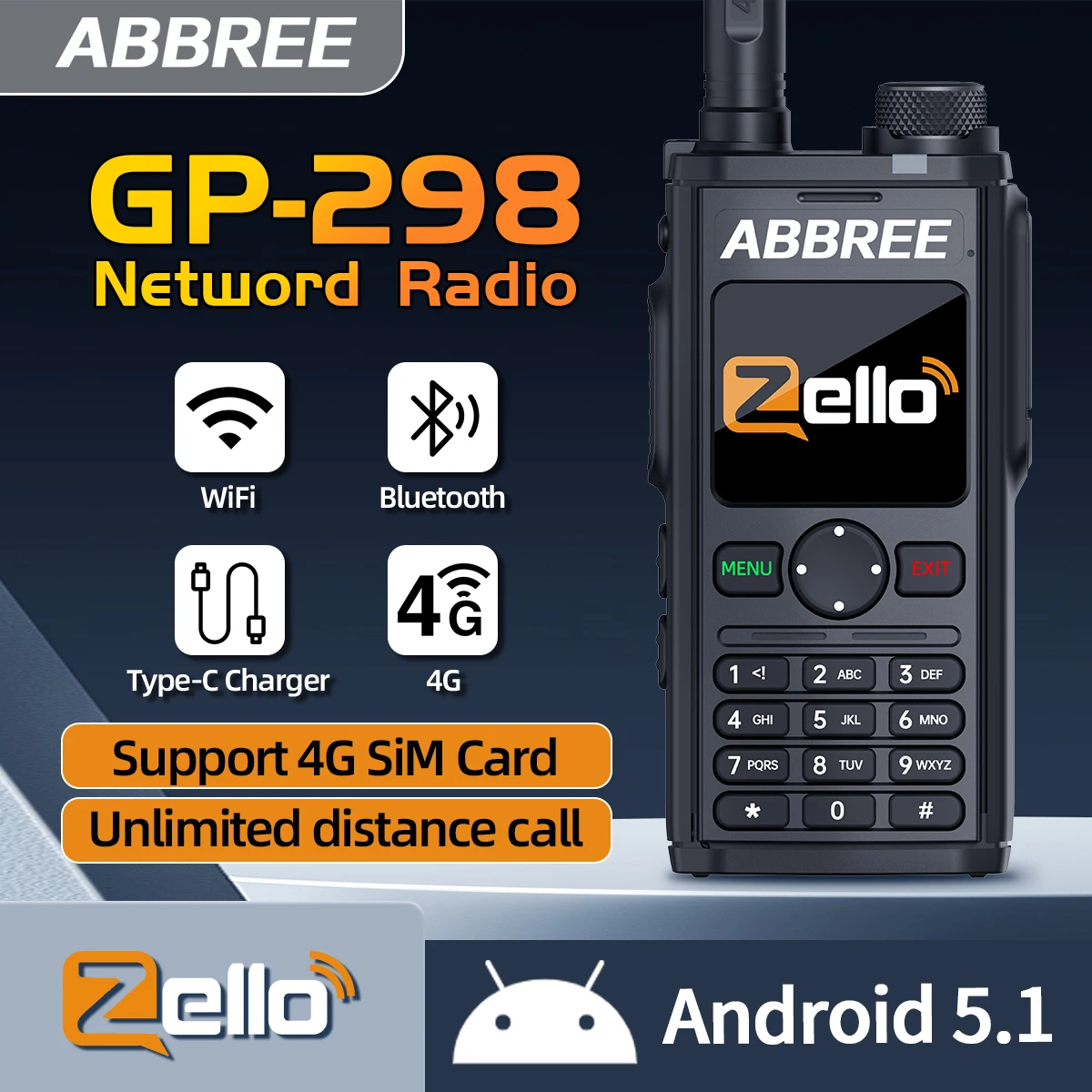 ABBREE GP-298 POC Network Walkie Talkie Global POC Radio Unlimited Distance Zello 4G SIM Card Android Bluetooth WIFI Radio