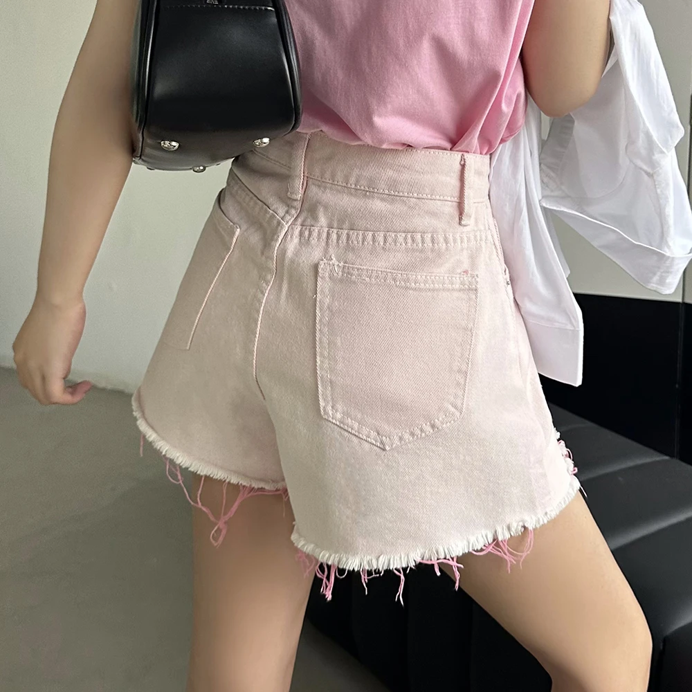 Perforated denim shorts, women's summer thin style, 2024 new high waisted, small, loose fitting, wide leg hot pants Y2K