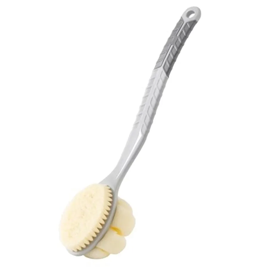 Shower Body Brush with Bristles and Large Pumpkin Loofah, Back Scrubber Bath Mesh Sponge with Anti-Slip Curved Long Handle for