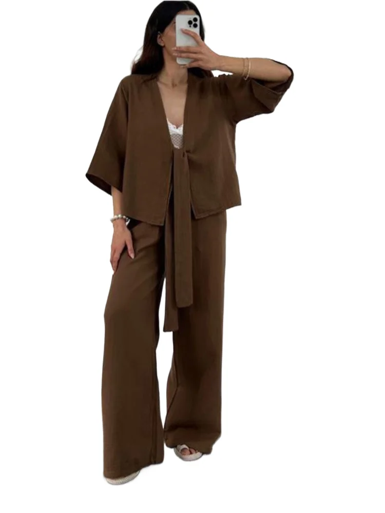 

2025 Autumn Two Piece Set Casual Short Sleeves Lace - Up Loose Blouse &High Elastic Waist Straight Pants Commuting Casual Set