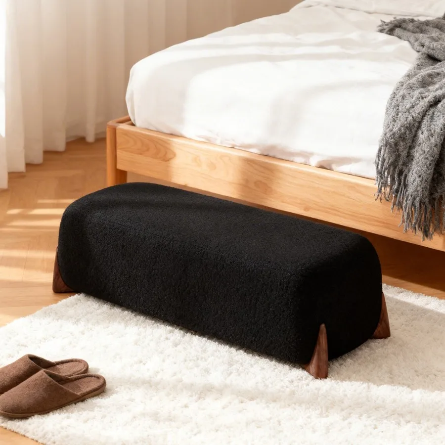 Simple and Modern Rest Bench with Solid Wood Legs Bedroom End Bench Living Room Shoe Stand Luxurious Fabric Long Bench