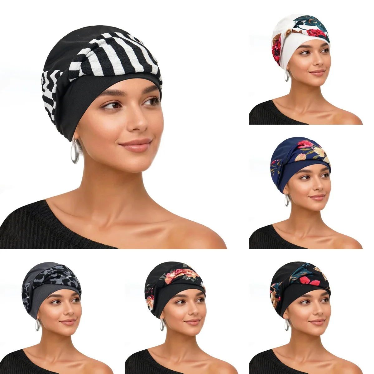 Trendy Muslim Women Soft Strech Turban Hats Pre Tied Headscarf Fashion Print Hijabs Bandana Chemo Beanies Caps Cover