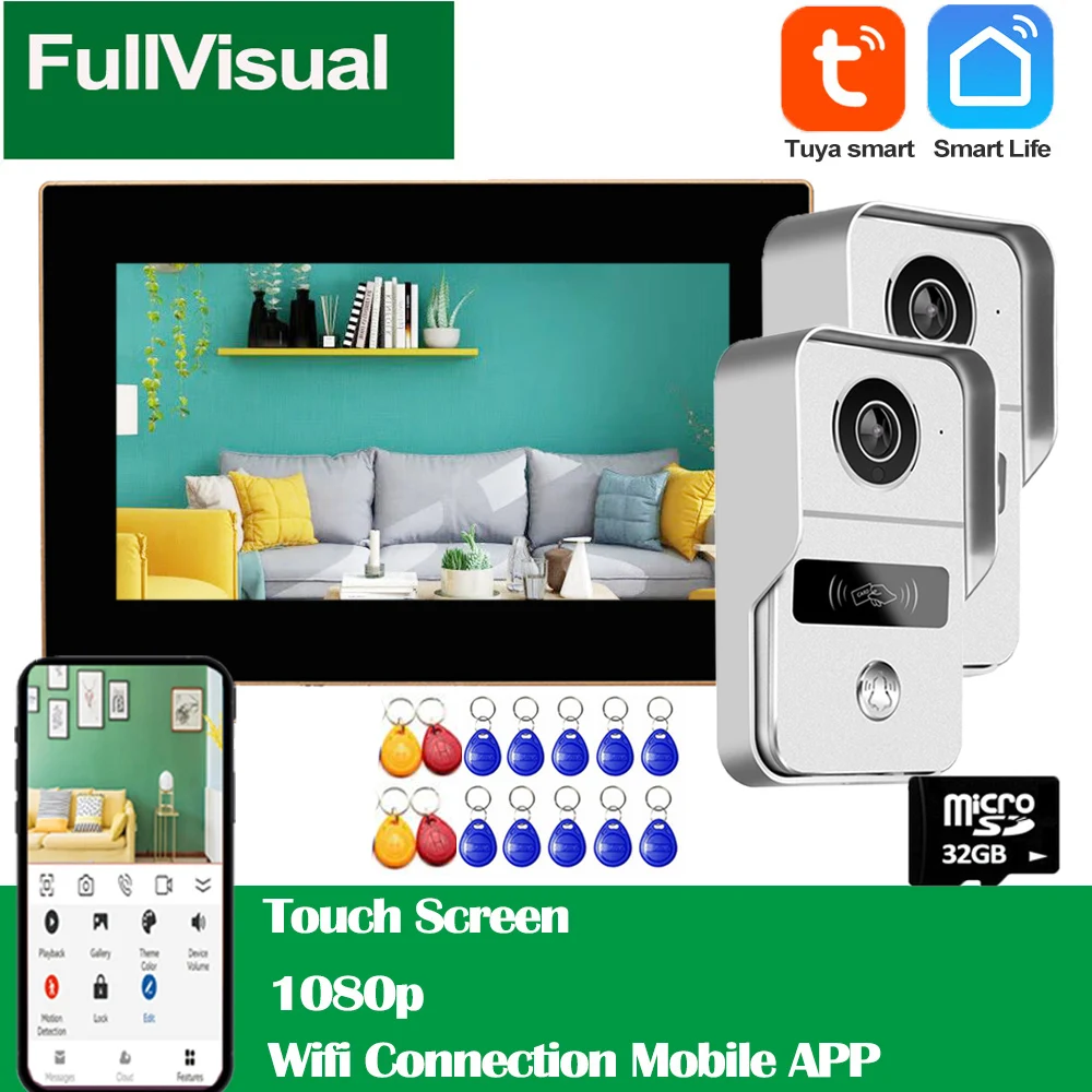 Fullvisual 1080P Wifi Video Door Phone Wireless Intercom Doorbell Camera RFID Unlock 7 Inch Touch Screen Monitor Record Tuya