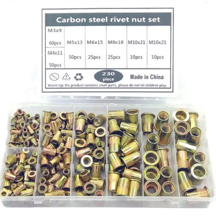 

230 шт. гайок-заклепок M3-M10 из углеродистой стали с цветным цинковым покрытием, резьбовые вставки