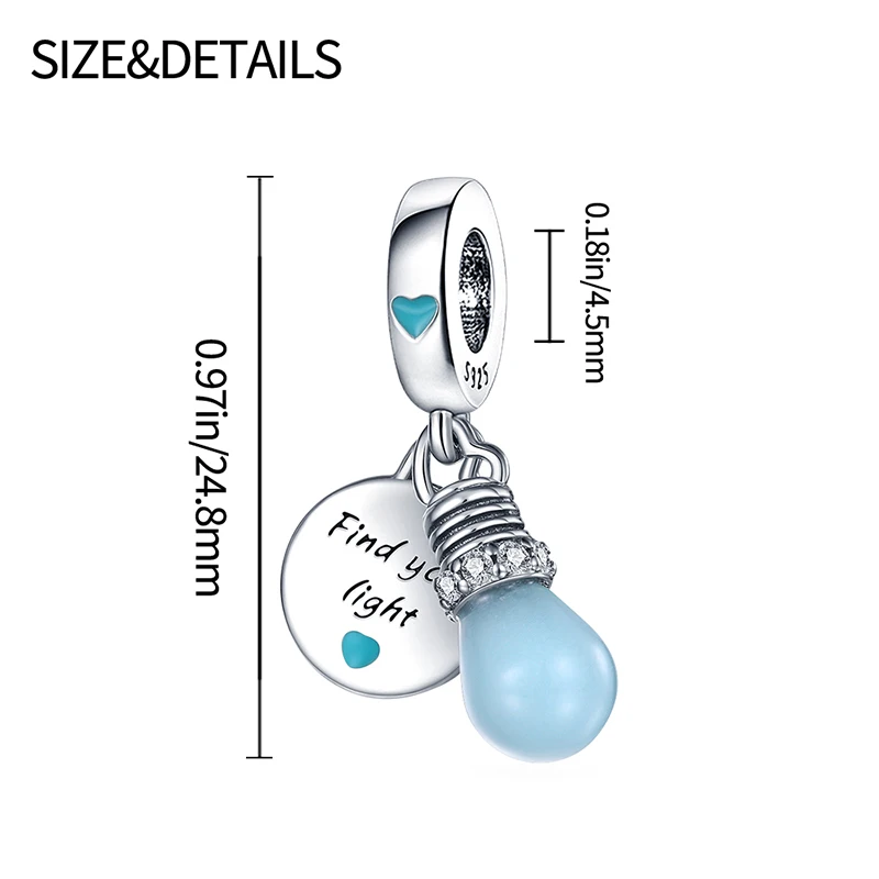 2024 Hot Sale Blue Glow-In-The-Dark Light Bulb Charm Bead Fits Pandora Bracelet Women Silver Pendant Beads DIY Fine Jewelry Gift