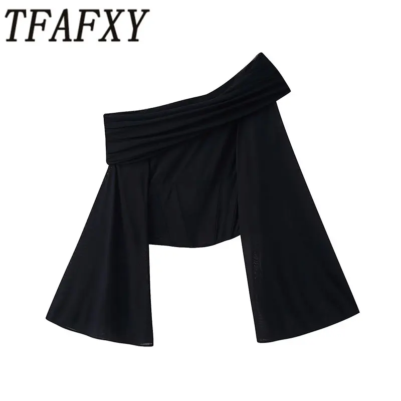 

TFAFXY 2026 Spring Casual Chic Women Tops Asymmetry Pullover Pleated Long Sleeve Top New Fashion Summer Holiday Female Tops