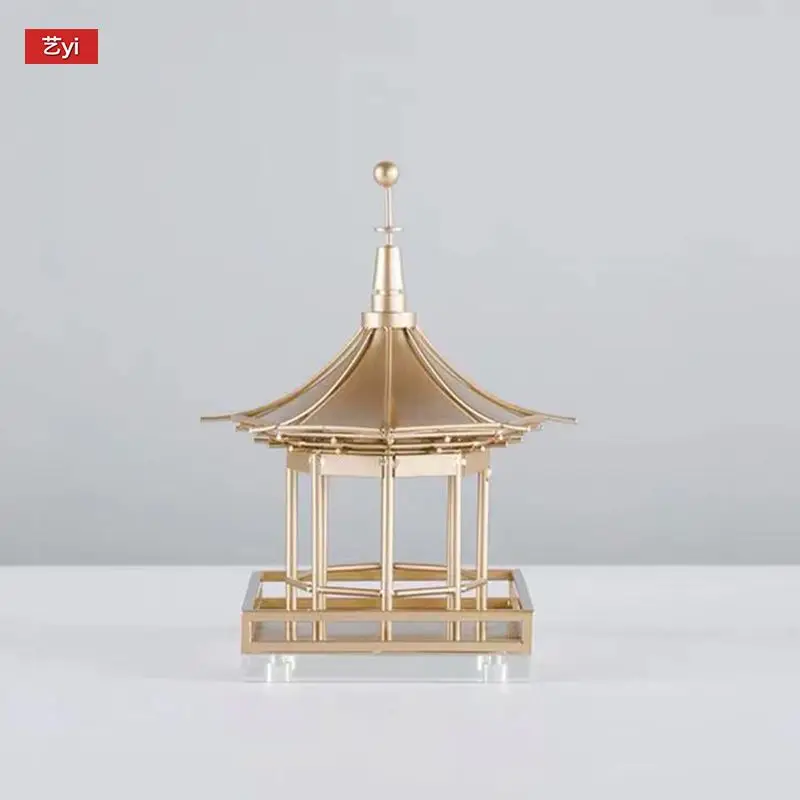 New Chinese style modern metal pagoda ornaments Home building model octagonal pavilion Zen inspired jewelry decoration