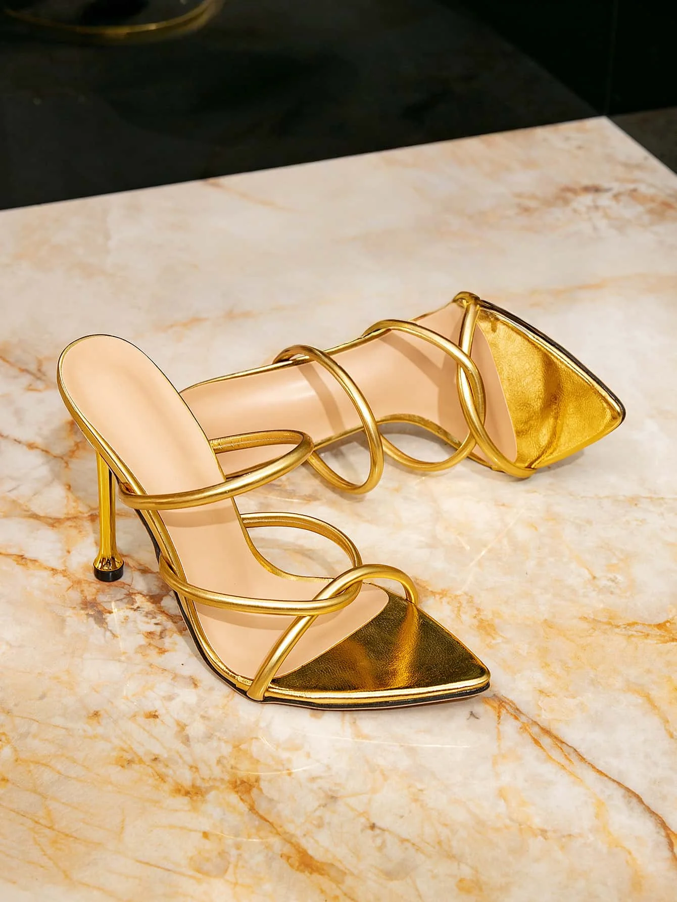 

Gold Stiletto High Heel Sandals Fashion Women's Open Toe Versatile Square Head Shoes Sexy Slip On Pointed Toe Outer Wear Sandals