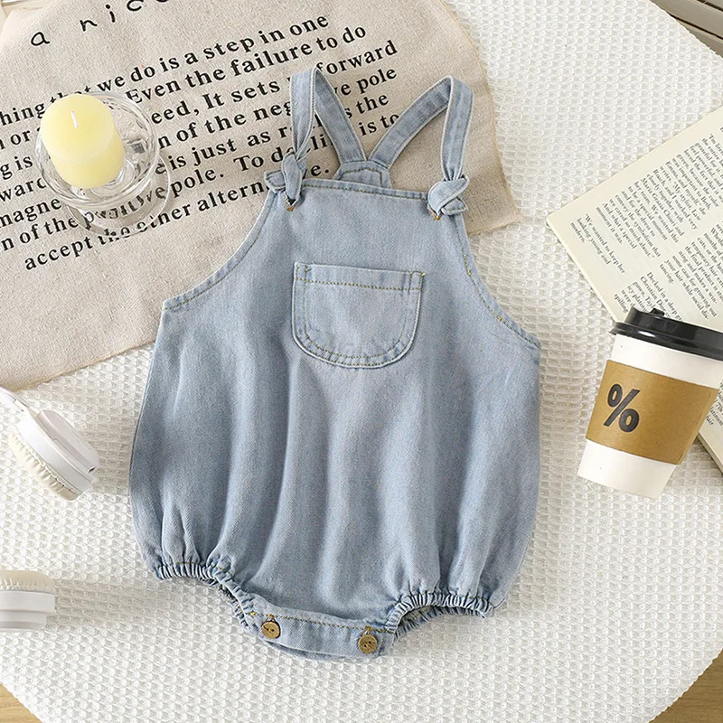 Girls Onesie 2026 Spring and Summer New Childrens Clothes Korean Style Girls Baby Cute Pocket Denim Strap Onesie Simple