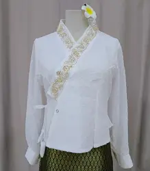Thai Women's Tops Long Sleeve Shirt White Embroidery Blouse Spring Thailand Vintage