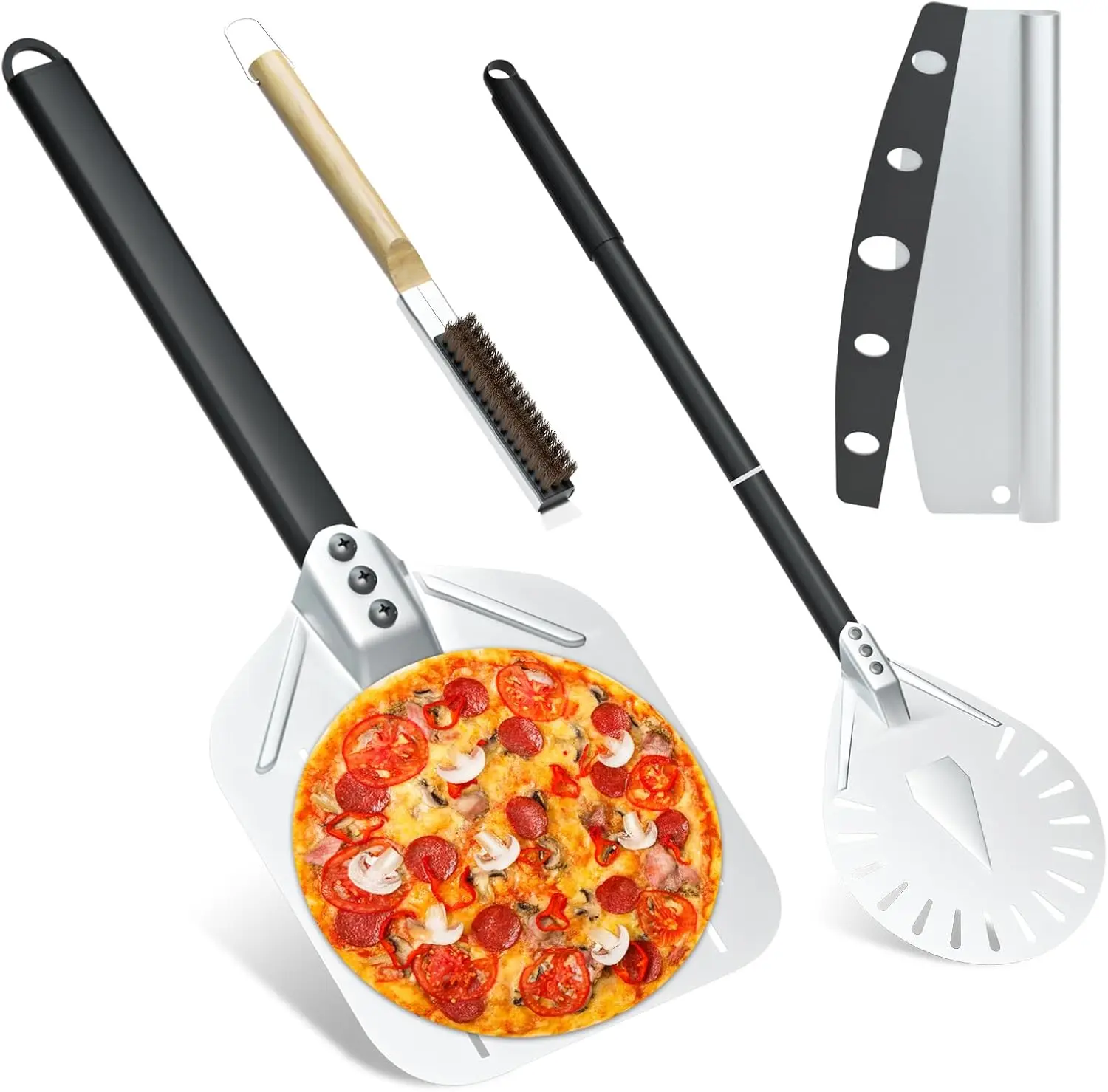 

4PCS Pizza Oven Accessories, 12 Inch Perforated Pizza Peel, 9 Inch Round Turning Peel, Pizza Stone Cleaning Brush with Sc
