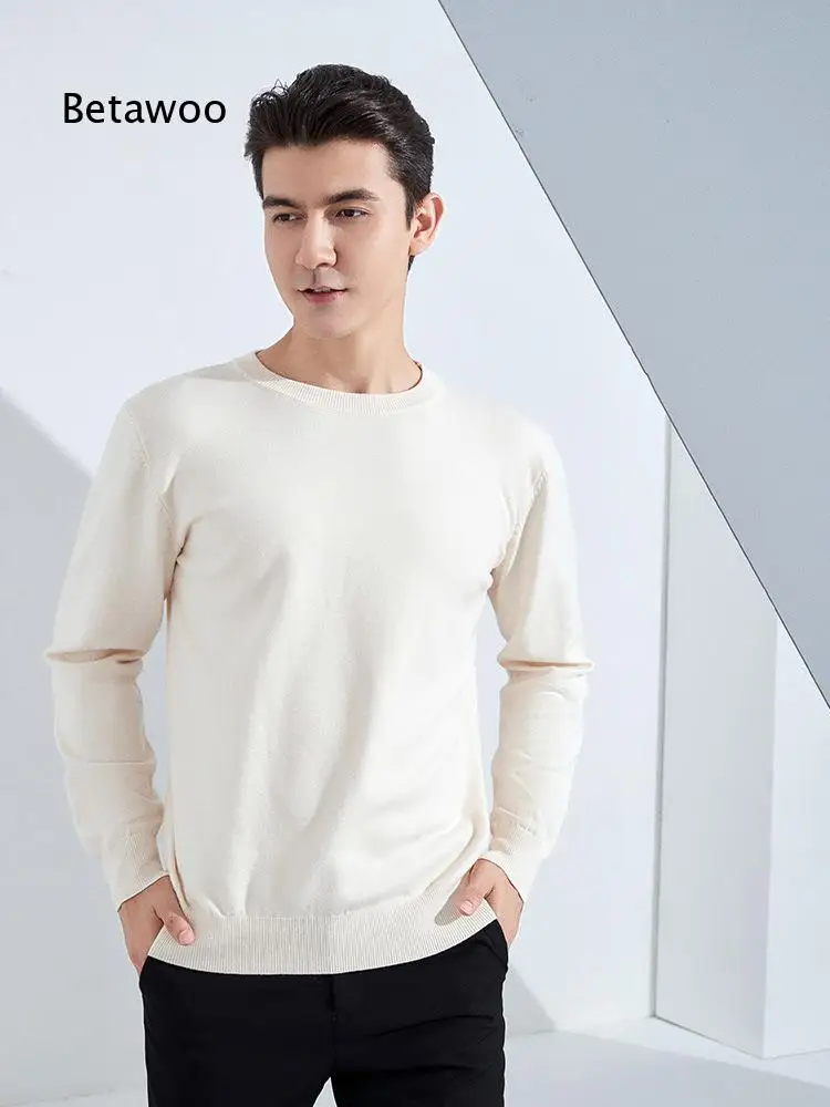 Mens Round Neck Thick Knit Pullover Sweater Loose Fit Solid Color Knitted Undershirt For Autumn Daily Wear And Casual Matching