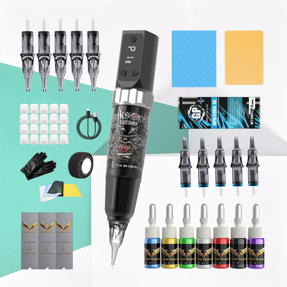 

Goldplume Wireless Tattoo Gun Kit 1100mAh Battery Aluminum Alloy Tattoo Pen Complete Set With Needles Ink Practice Skin Accessories For Beginner Tattoo Artists