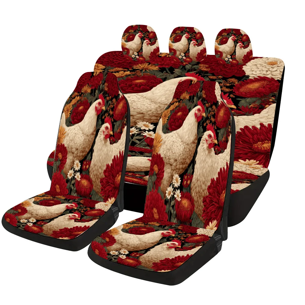 White Feather Chicken And Red Chrysanthemum Cluster Bloom Themed Car Seat Cover Set, Suitable For Most Cars, A Stylish And Trend